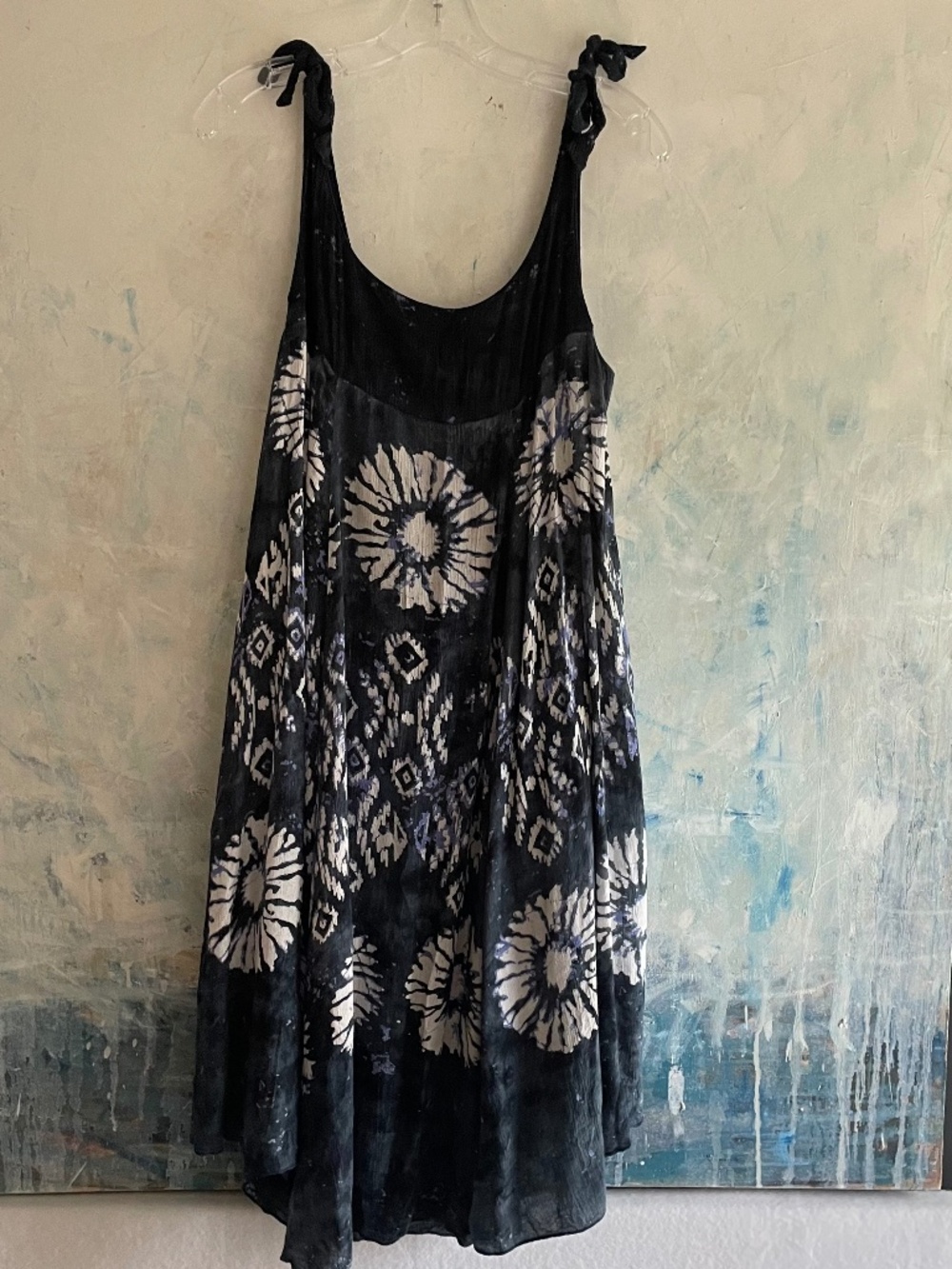 Free People Darjeeling Tie-Dye Swing Dress Black White Blue Like New Festival M
